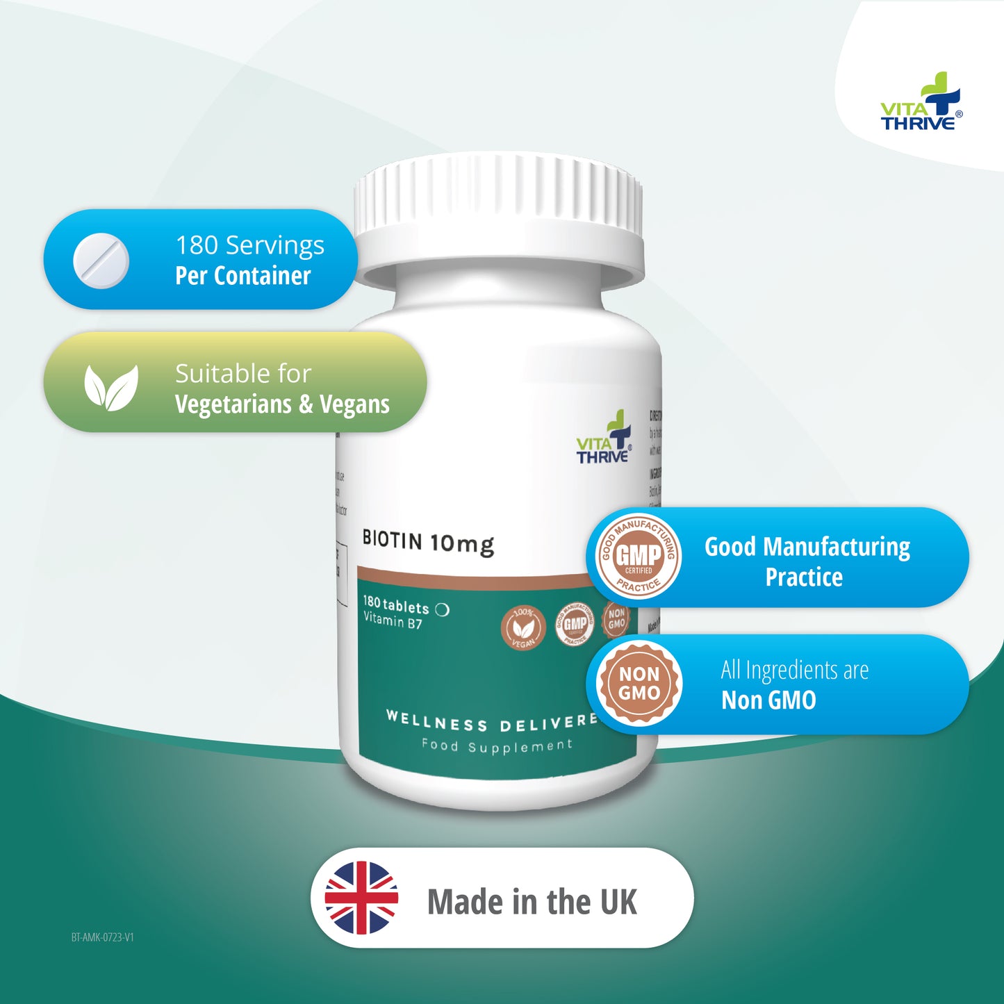 VitaThrive® Biotin 10mg (Vitamin B7 10000mcg) Tablets - 180 Count