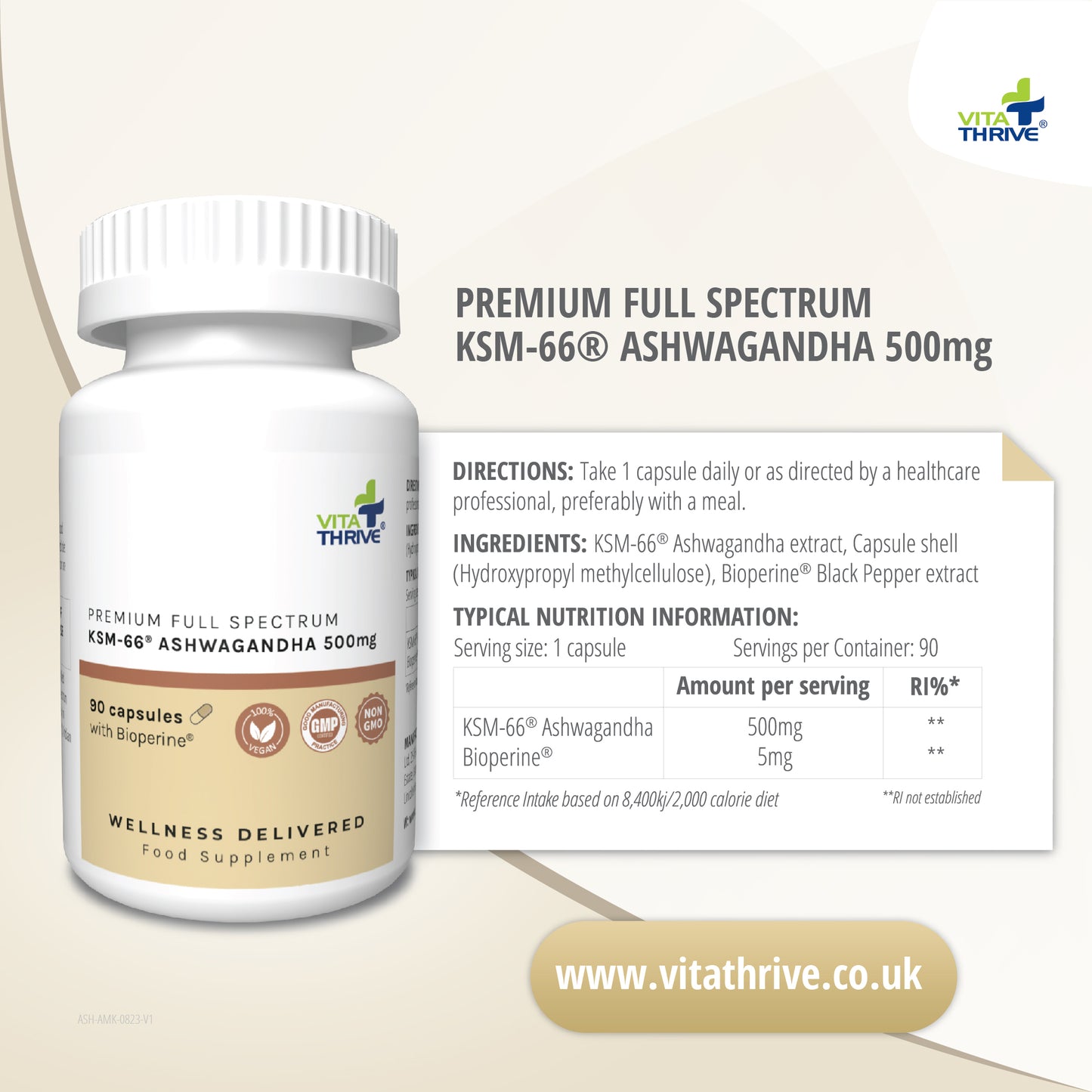 VitaThrive® KSM-66® Ashwagandha 500mg with Bioperine® Capsules - 90 Count