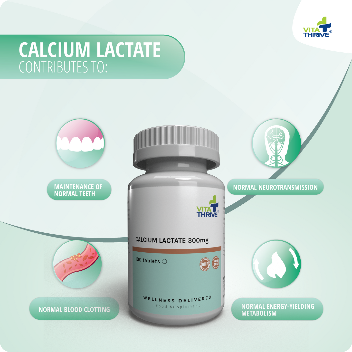 VitaThrive® Calcium Lactate 300mg Tablets (100 count)