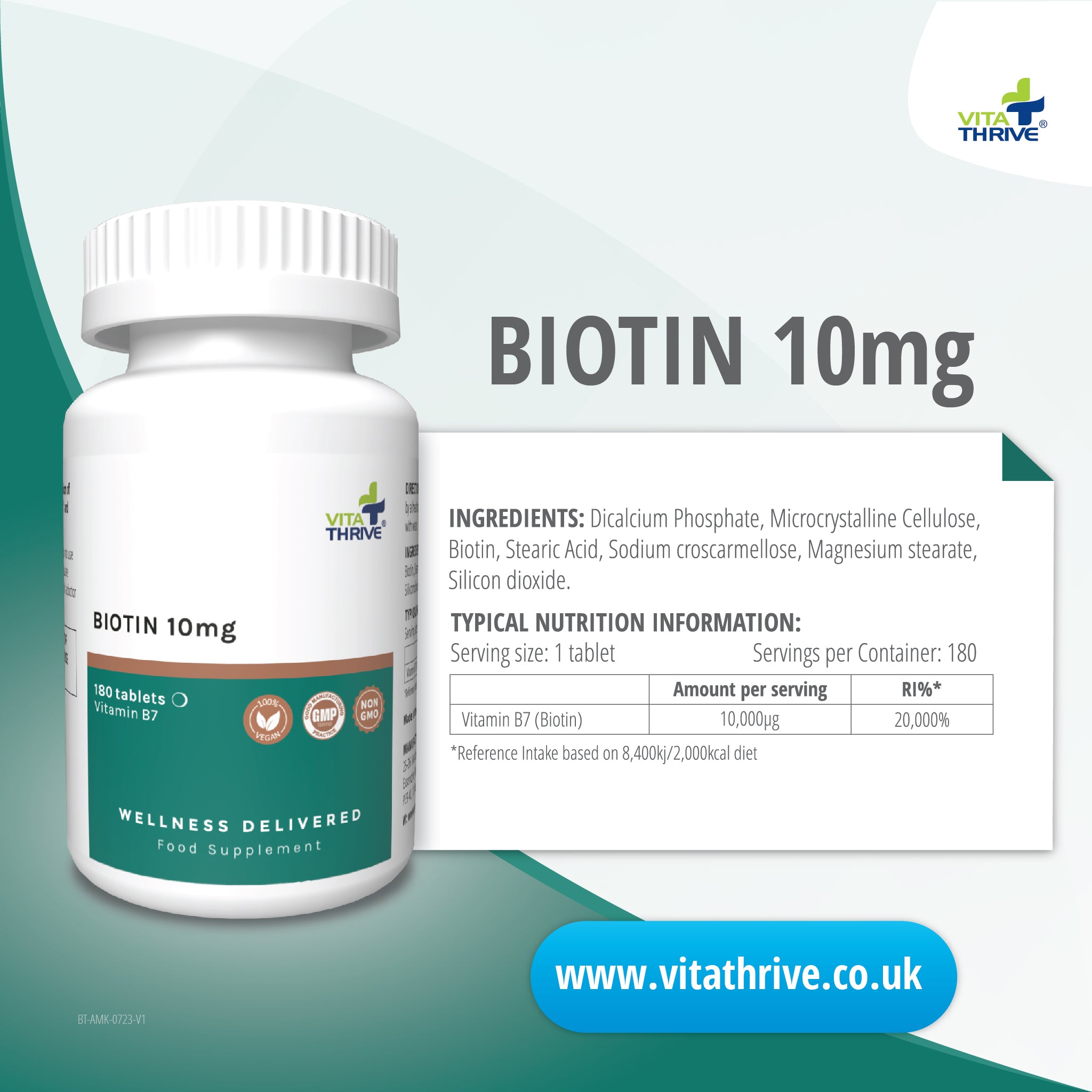 VitaThrive® Biotin 10mg (Vitamin B7 10000mcg) Tablets - 180 Count