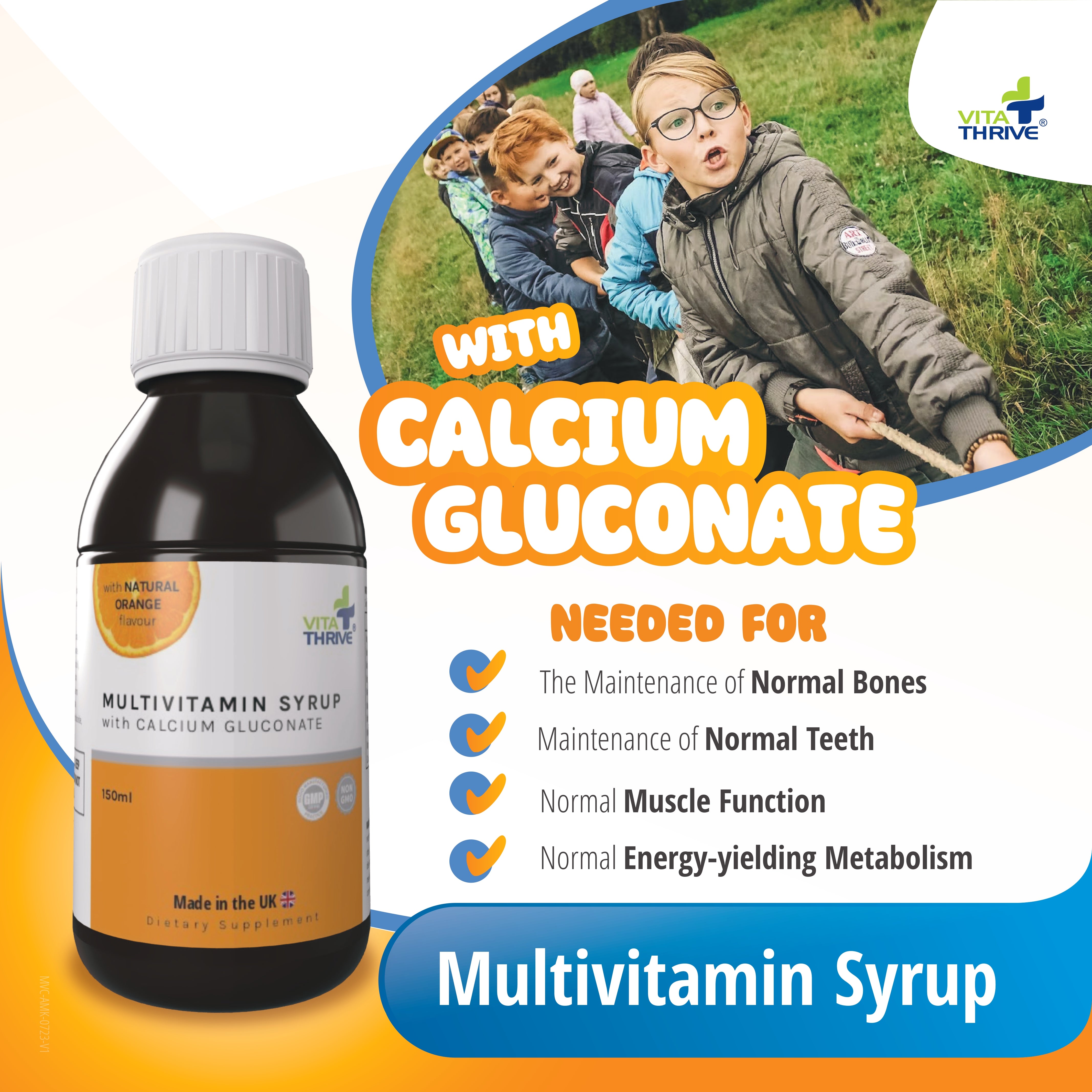 VitaThrive® Multivitamins for Children with Calcium Gluconate Liquid Oral Syrup – with Natural Orange Flavour