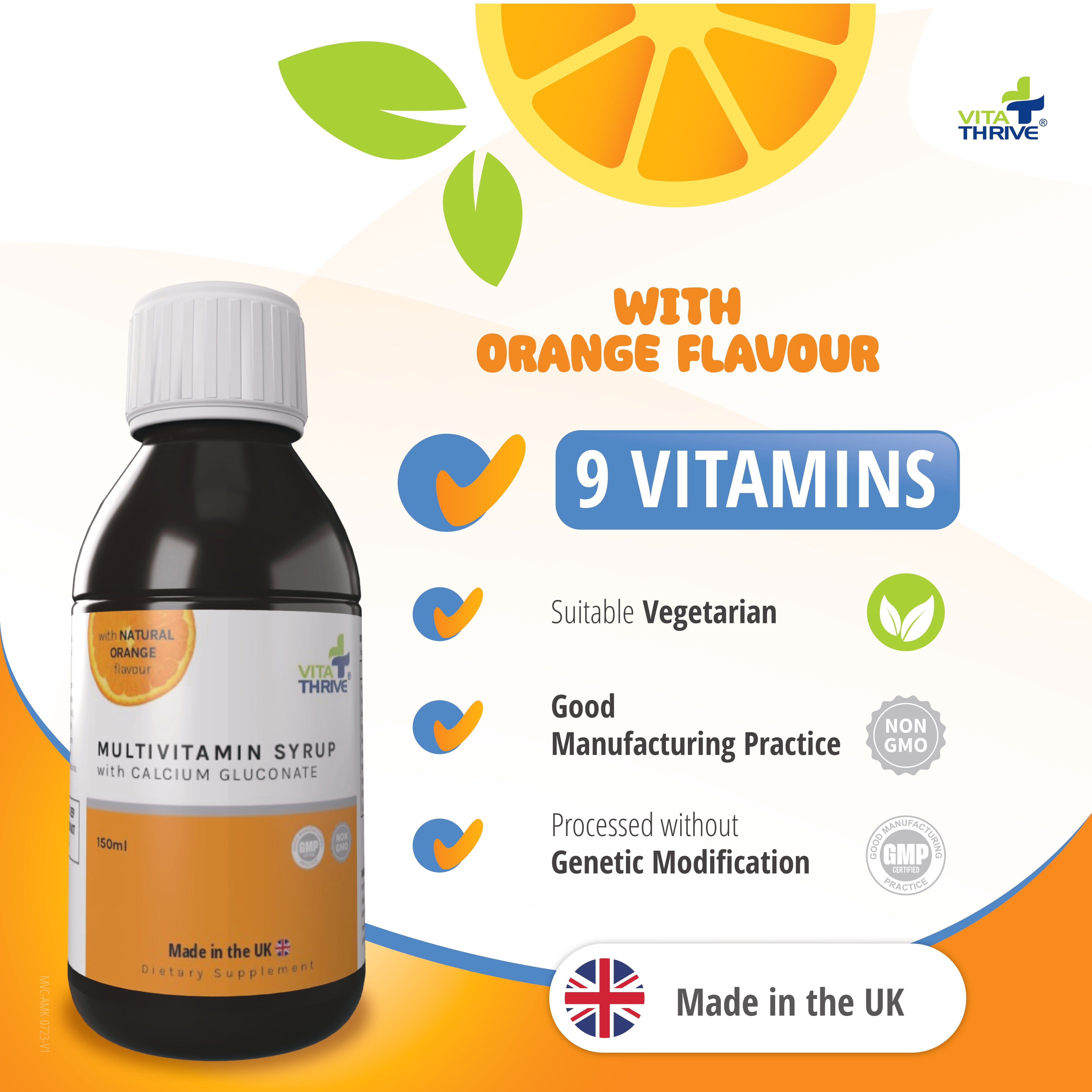 VitaThrive® Multivitamins for Children with Calcium Gluconate Liquid Oral Syrup – with Natural Orange Flavour