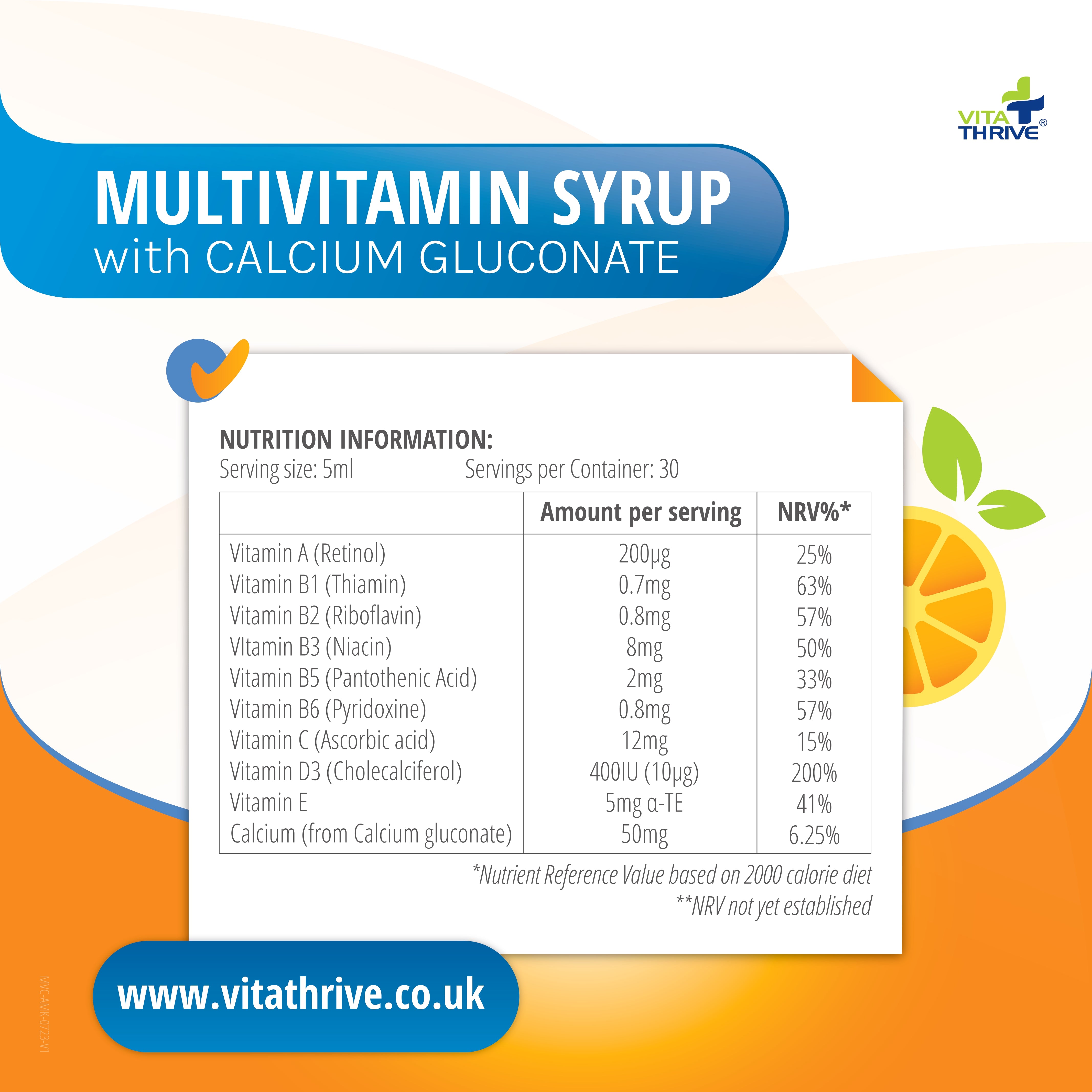 VitaThrive® Multivitamins for Children with Calcium Gluconate Liquid Oral Syrup – with Natural Orange Flavour