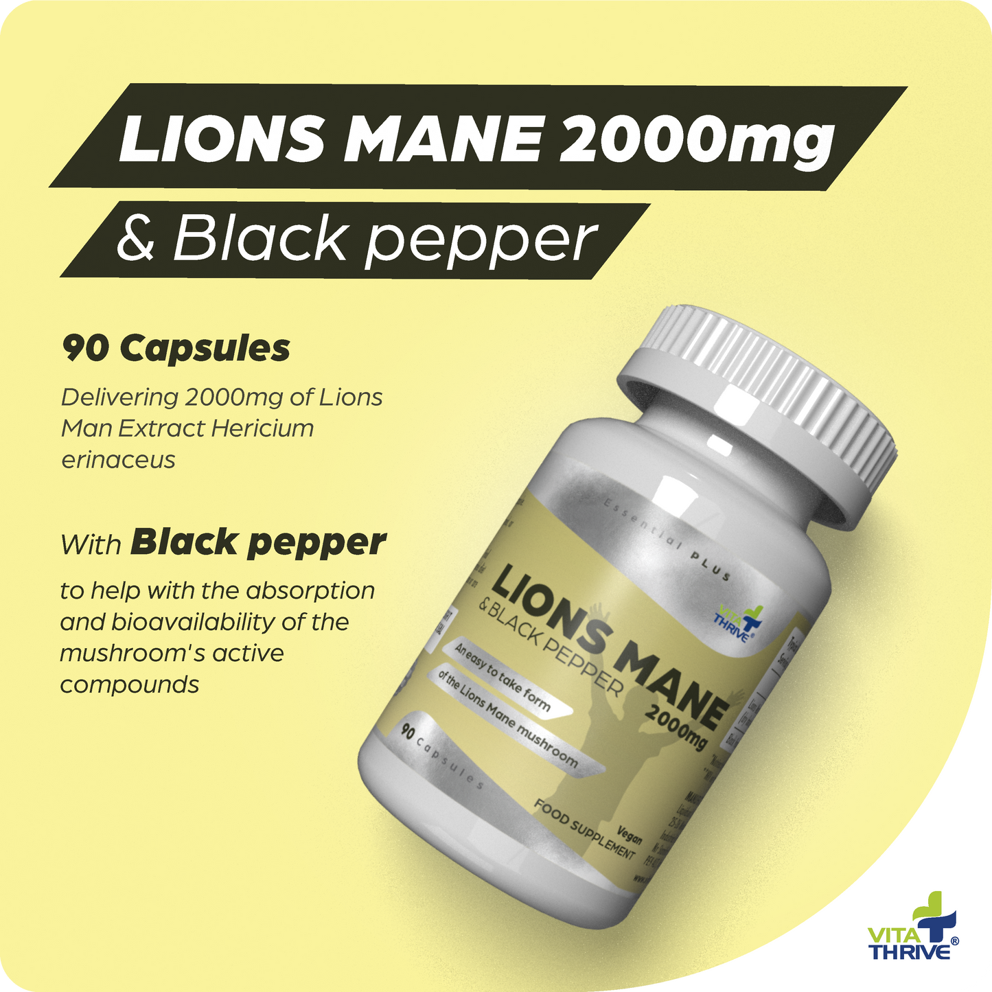 VitaThrive® Lions Mane 2,000mg & Black Pepper Capsules