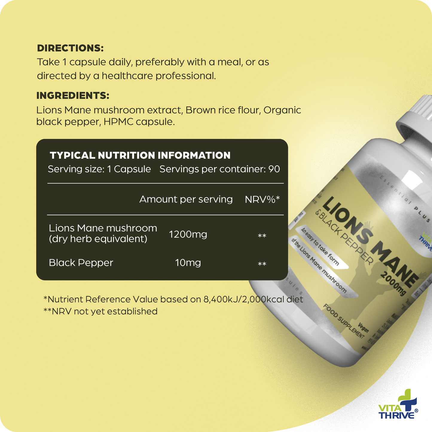 VitaThrive® Lions Mane 2,000mg & Black Pepper Capsules