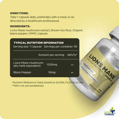 VitaThrive® Lions Mane 2,000mg & Black Pepper Capsules