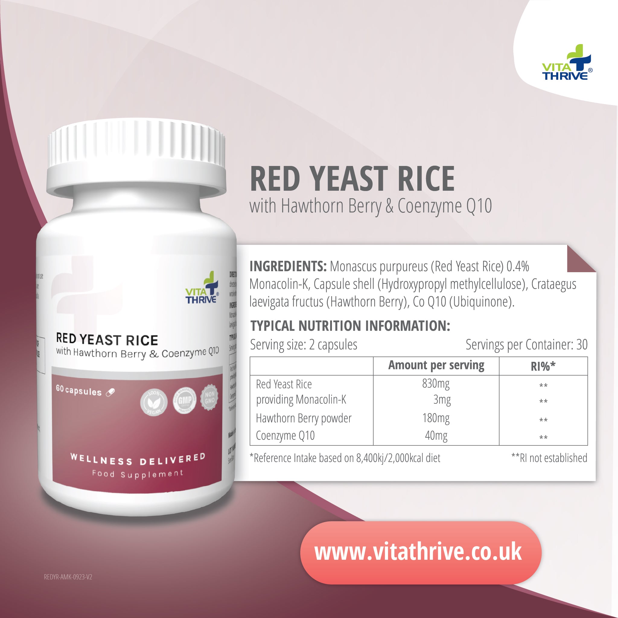 VitaThrive® Red Yeast Rice with Hawthorne Berry and Co-Enzyme Q10-60 Capsules