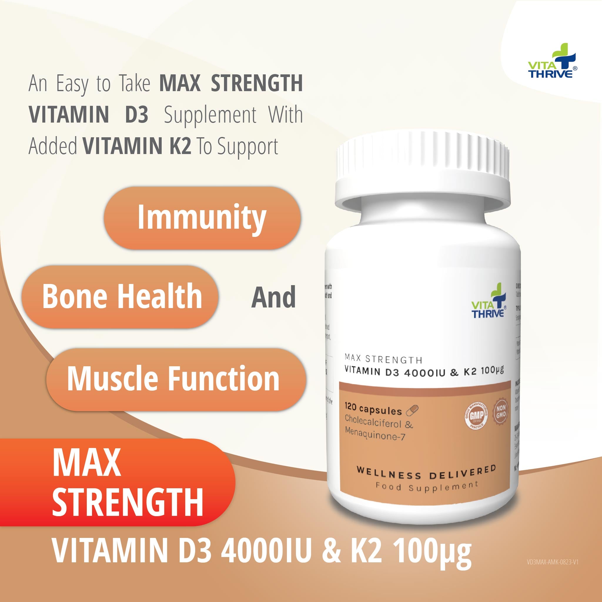 VitaThrive® Max Strength Vitamin D3 4,000iu (100µg) & Vitamin K2 100µg Capsules