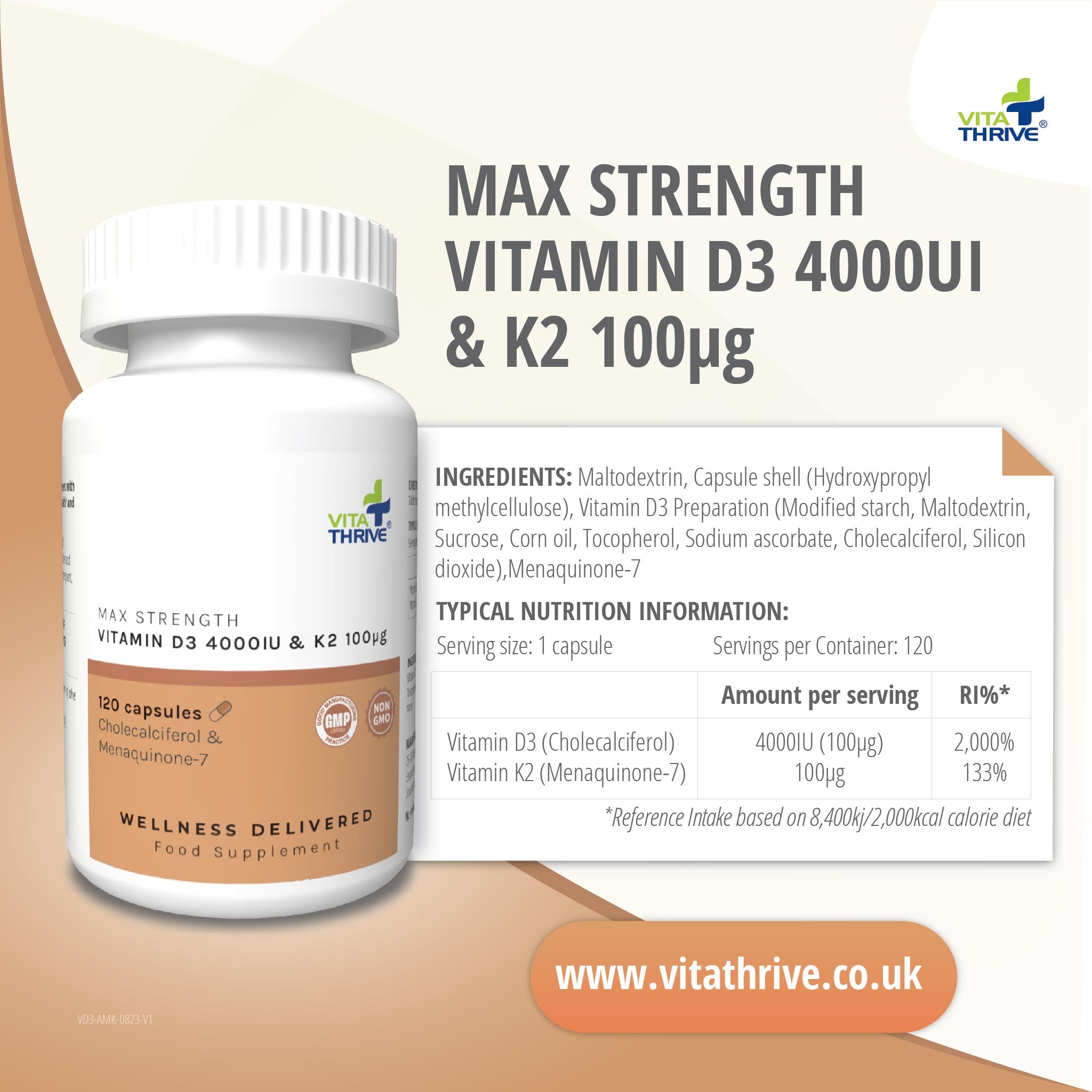 VitaThrive® Max Strength Vitamin D3 4,000iu (100µg) & Vitamin K2 100µg Capsules