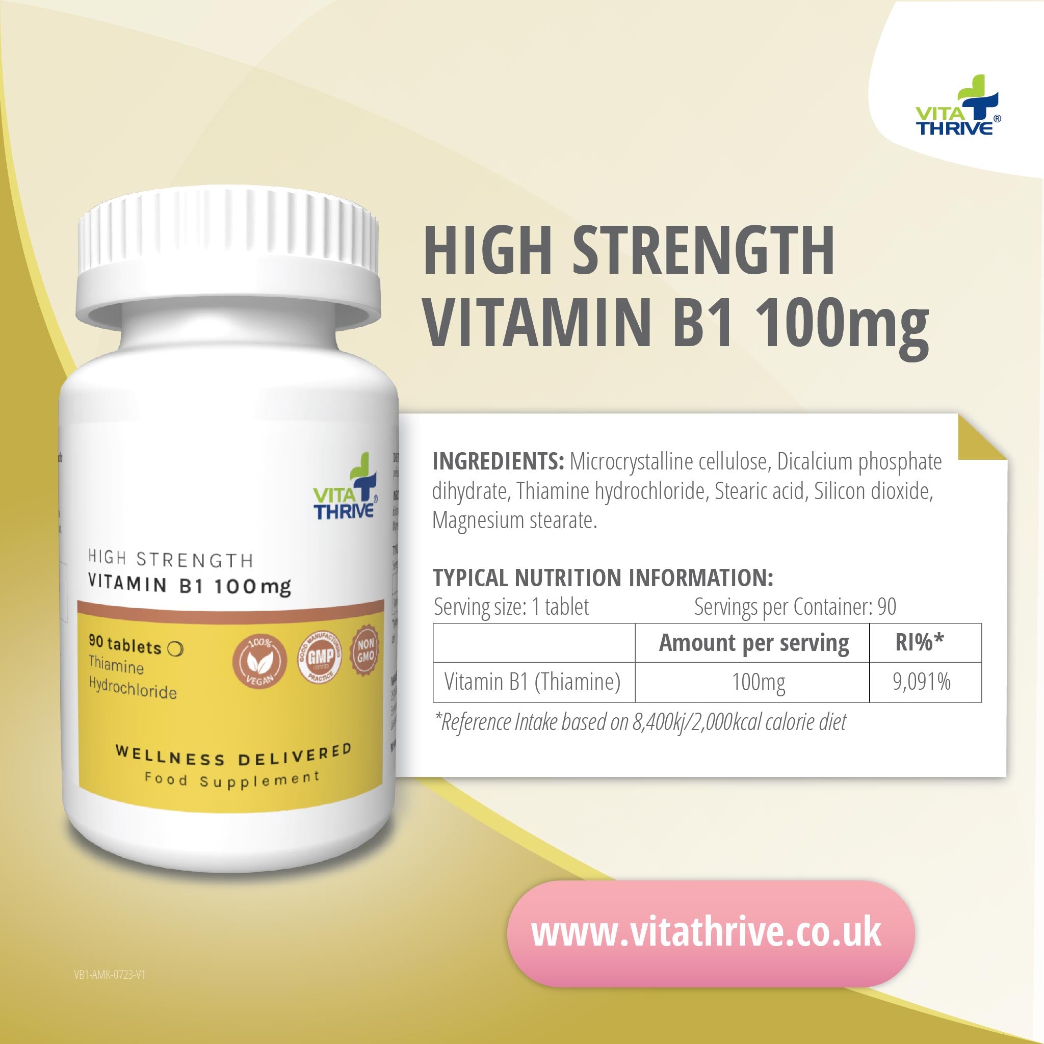 VitaThrive® Thiamine Vitamin B1 100mg – 90 Tablets