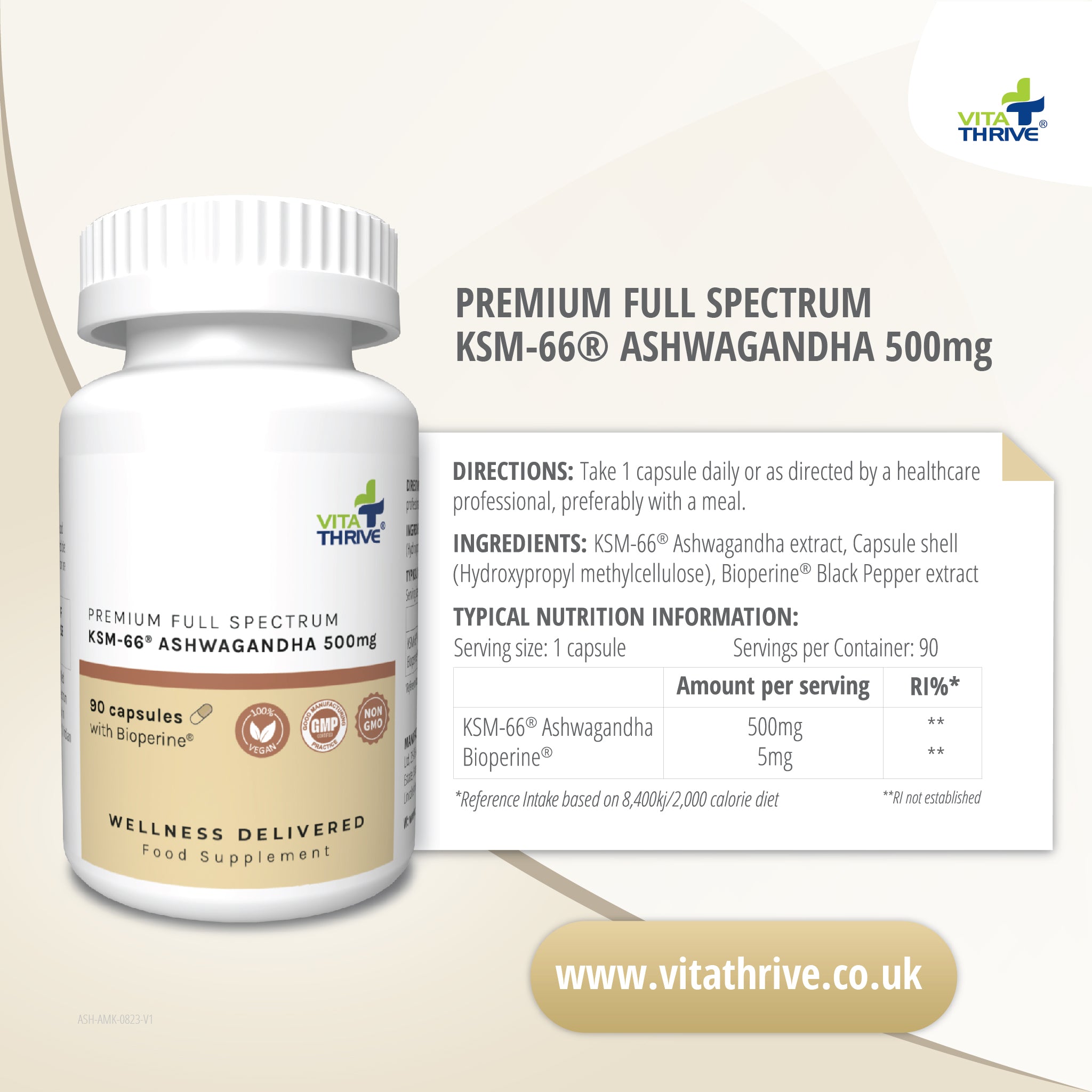 VitaThrive® KSM-66® Ashwagandha 500mg with Bioperine® Capsules - 90 Count