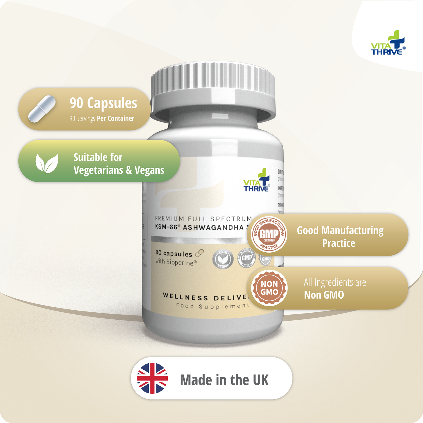 VitaThrive® KSM-66® Ashwagandha 500mg with Bioperine® Capsules - 90 Count