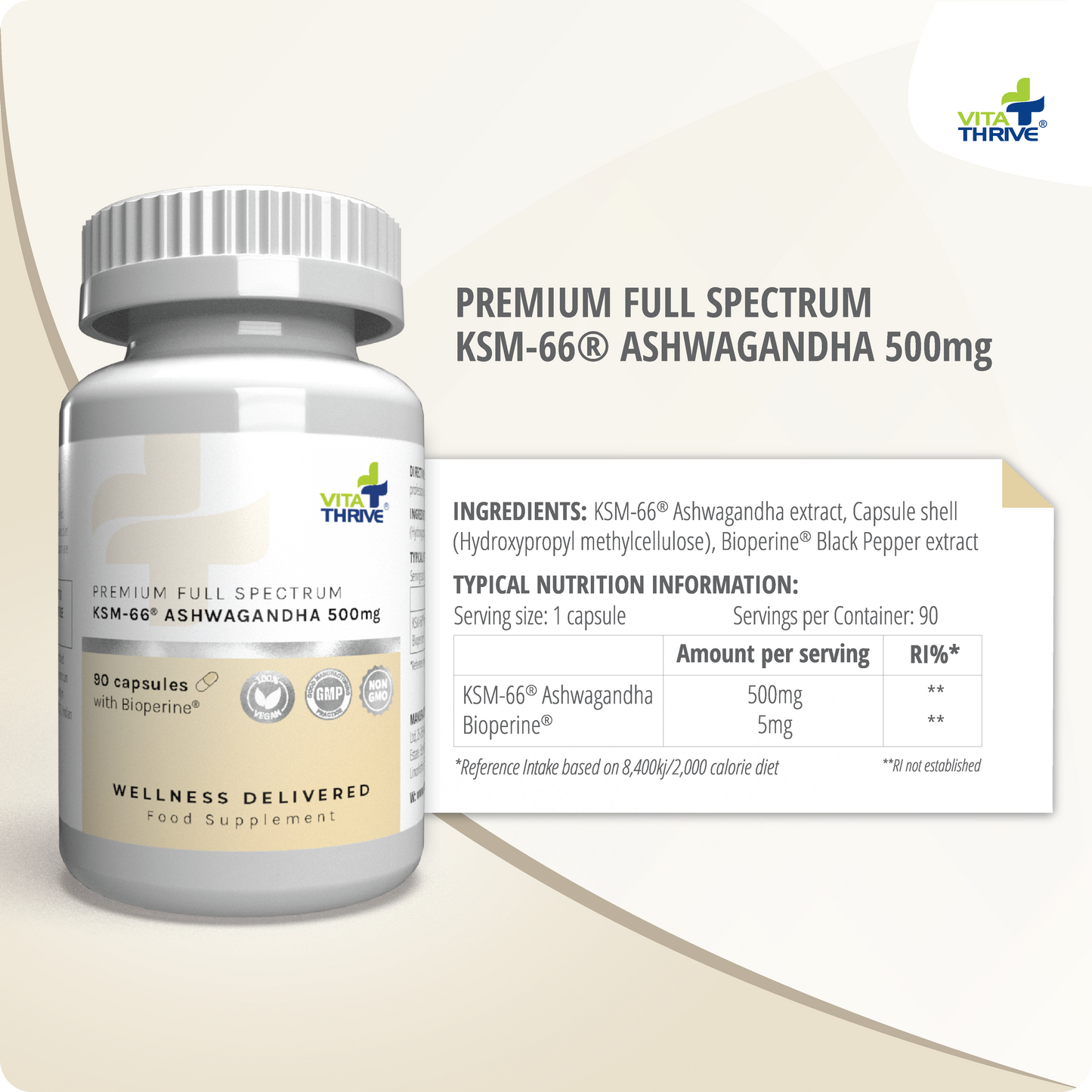 VitaThrive® KSM-66® Ashwagandha 500mg with Bioperine® Capsules - 90 Count