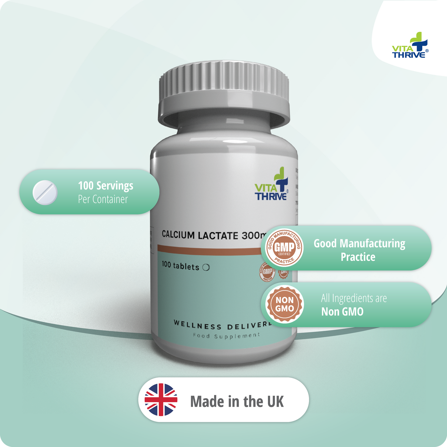 VitaThrive® Calcium Lactate 300mg Tablets (100 count)