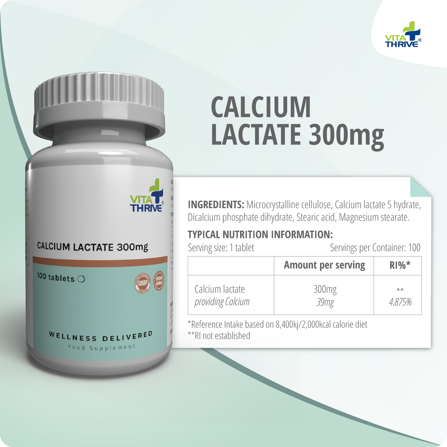 VitaThrive® Calcium Lactate 300mg Tablets (100 count)