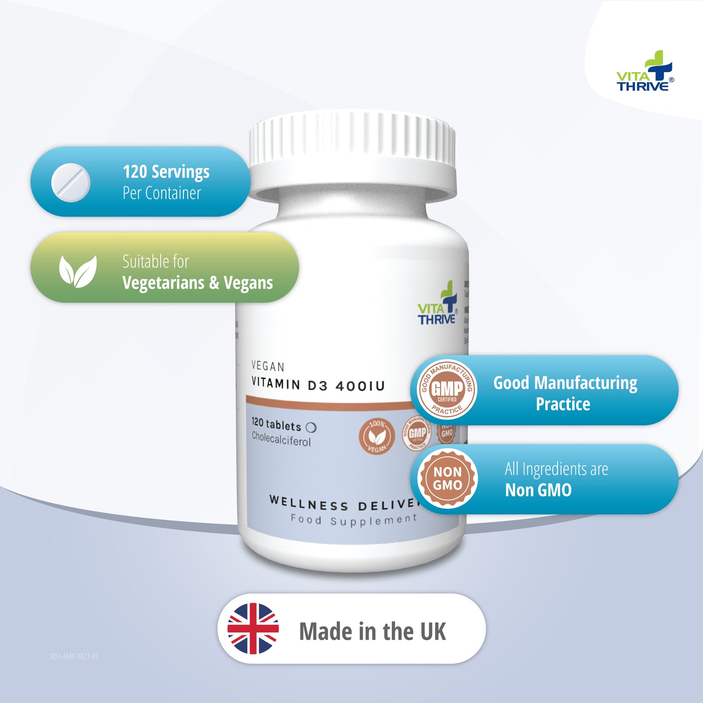 VitaThrive® Vegan Vitamin D3 400iu– 120 Tablets