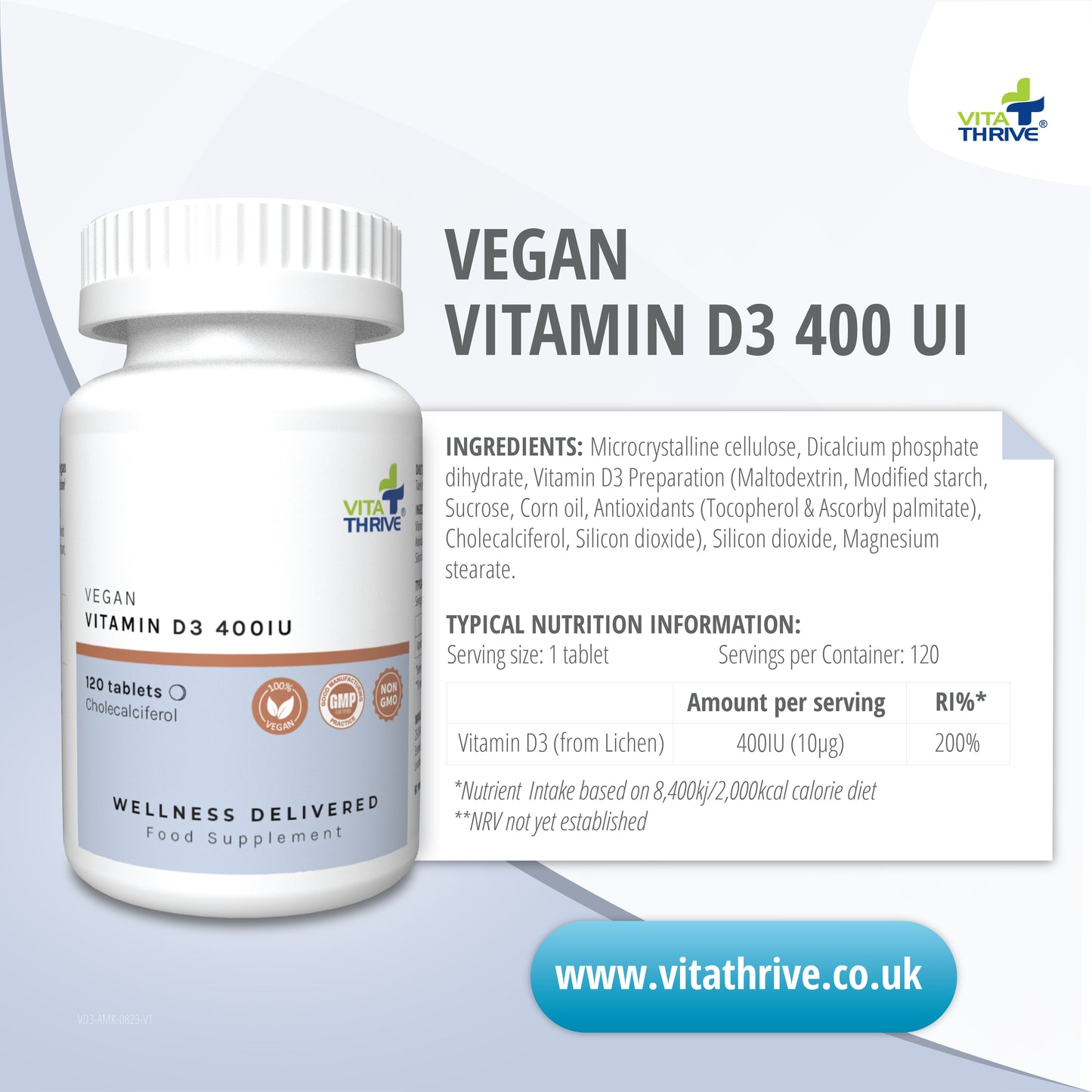 VitaThrive® Vegan Vitamin D3 400iu– 120 Tablets