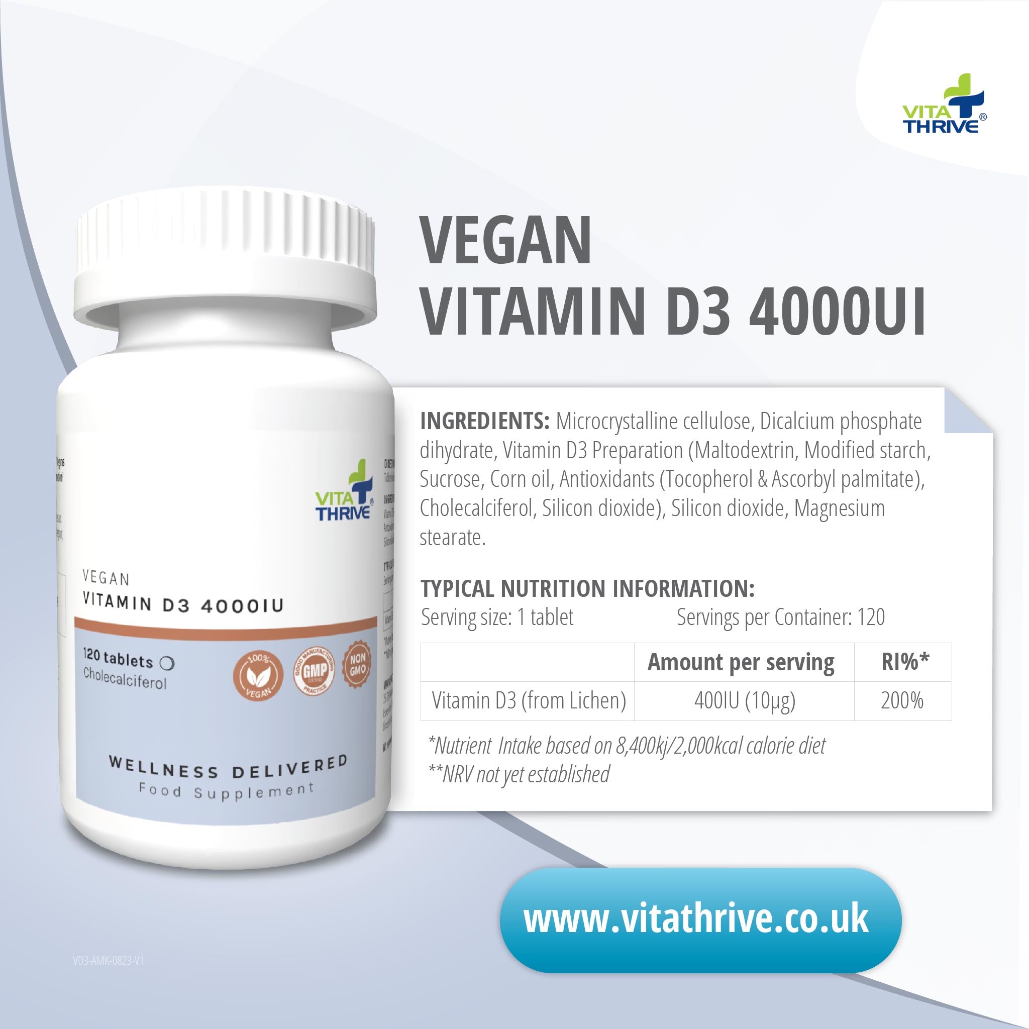 VitaThrive® Vegan Vitamin D3 400iu– 120 Tablets